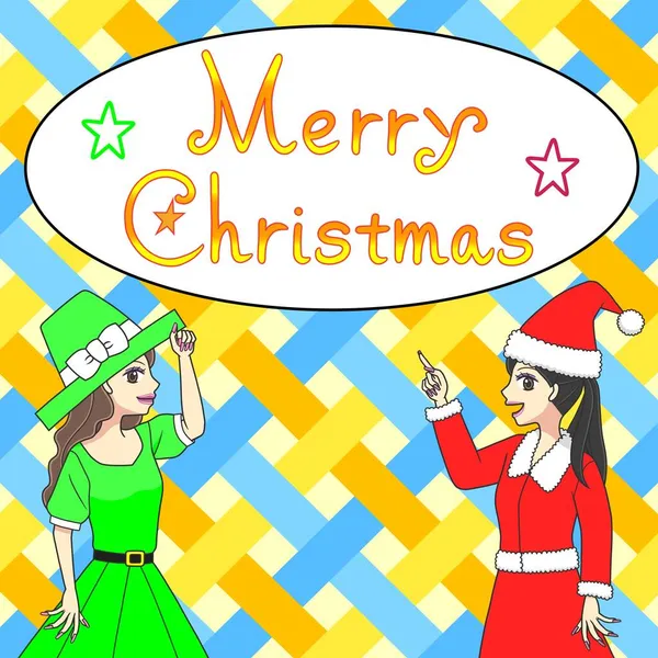 Mutlu Noeller ve çizgiyi aşmış iki genç kadın. Biri yeşil kıyafetler giyiyor, diğeri de Noel Baba kostümü..