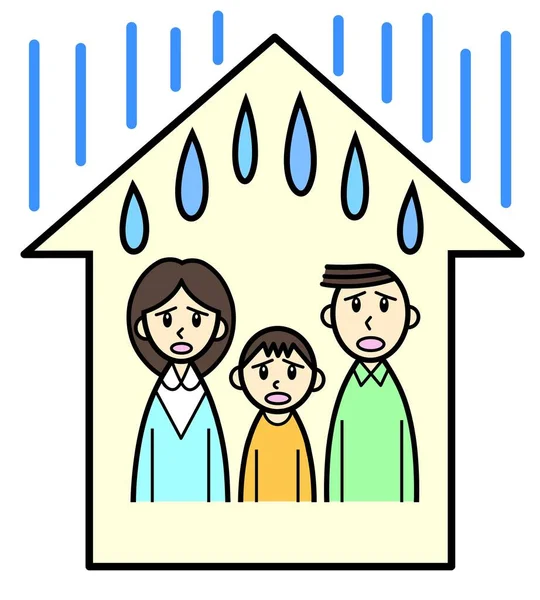 雨の漏れによって3つの混乱の家族 幼い親と子供が屋根の下で — ストック写真