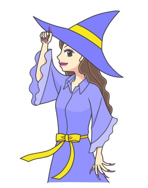 Cadı kostümlü genç bir kadın şapkasıyla poz veriyor.