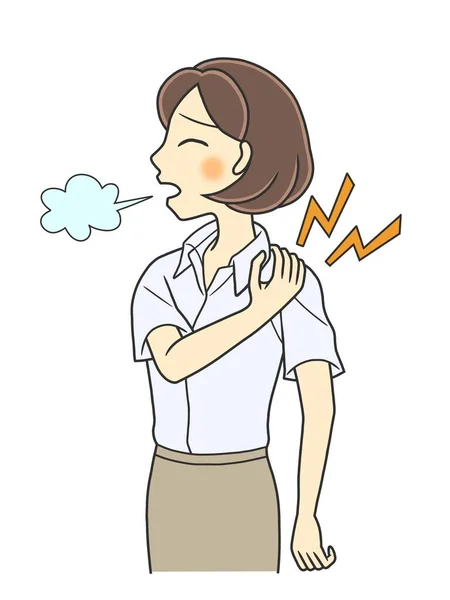 A young woman with stiff neck and shoulders. She is suffering from shoulder pain and sighing.