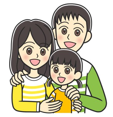 Gülümseyen üç kişilik bir aile. Genç aileler ve kızları aynı kıyafetleri giyiyor..