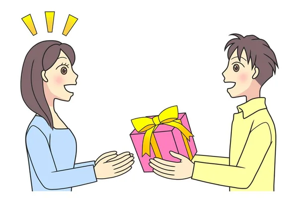 Young Man Giving Present His Girlfriend Young Man Yellow Shirt — Stock Photo, Image