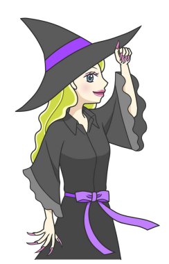 Cadı kostümlü genç bir kadın şapkasıyla poz veriyor.