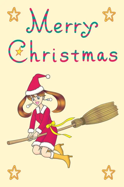 Słodka Dziewczyna Kostiumie Świętego Mikołaja Latająca Miotle Listach Wesołych Świąt — Zdjęcie stockowe