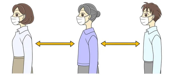 Mesafe sırasına dizilmiş üç kişi. Genç bir kadın, yaşlı bir kadın ve genç bir adam yüz maskesi takıyor ve mesafeleri koruyorlar..