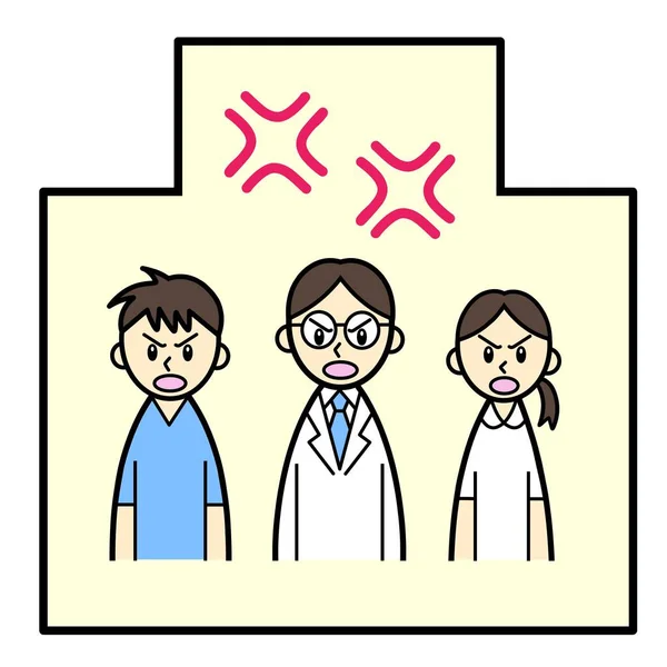 Hastanede öfke sembolleri taşıyan üç tıp çalışanı.