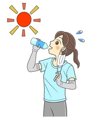 young woman taking off face mask and drinking bottled water to prevent heat exhaustion