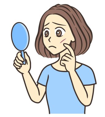 young woman looking at scar on cheek in hand mirror