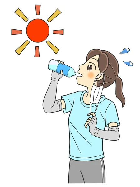 Genç bir kadın maskesini çıkarıyor ve sıcaktan bitkin düşmemek için şişe su içiyor.