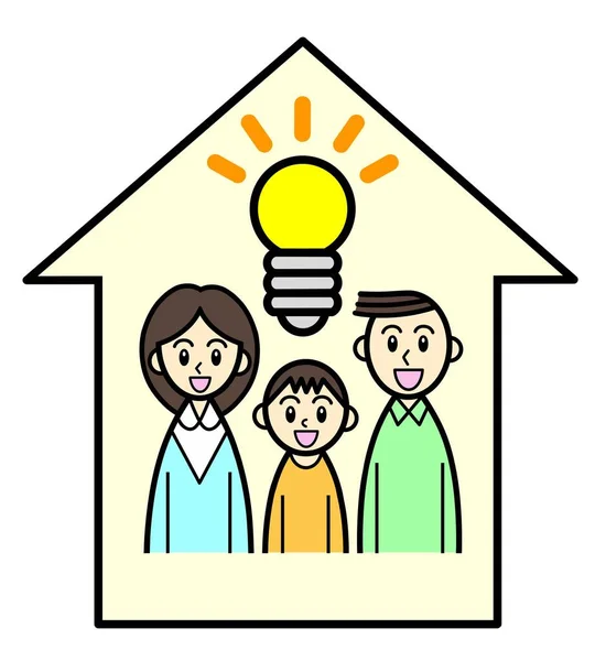 A family of three with a shining light bulb in house
