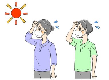 Yaz sıcağından muzdarip maskeli yaşlı bir çift.