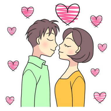 young couple on verge of kissing with love hearts