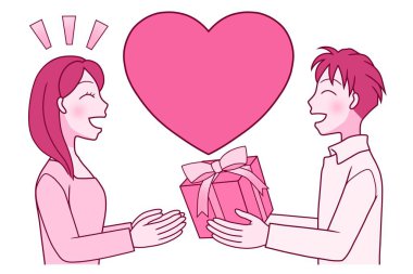 pink illustration of young couple with love heart and present box
