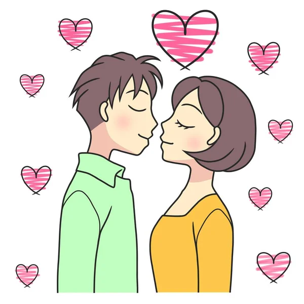 Jeune Couple Sur Point Embrasser Avec Des Cœurs Amour — Photo