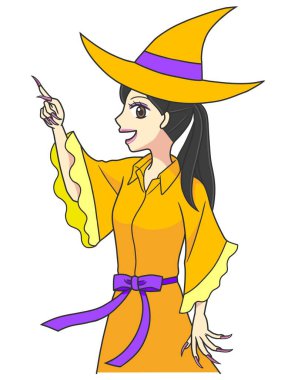 Cadı kostümlü genç bir kadın yukarıya bakıyor.