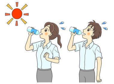 young couple drinking bottled water to prevent heat exhaustion