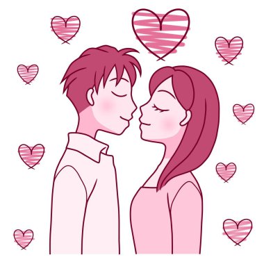 young couple on verge of kissing with love hearts