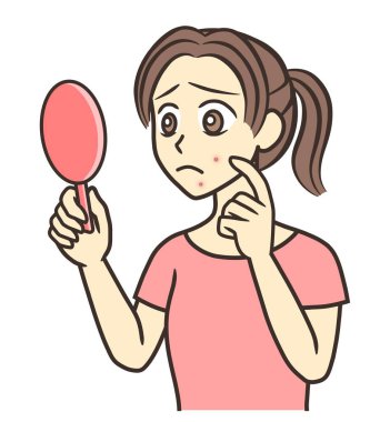 teen-age girl looking at pimples on cheek and chin in hand mirror