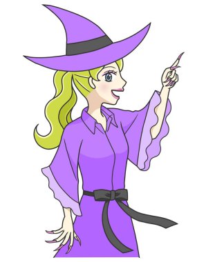 Cadı kostümlü genç bir kadın yukarıya bakıyor.