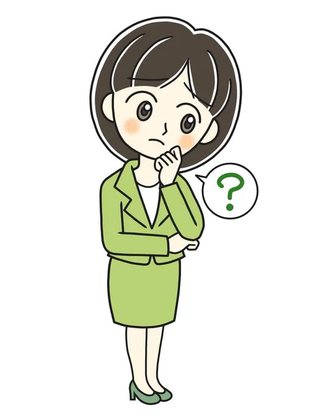 Eine Junge Frau Hellgrünen Anzug Mit Fragezeichen — Stockfoto