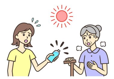 Genç bir kadın yaşlı bir kadına şişe su veriyor.