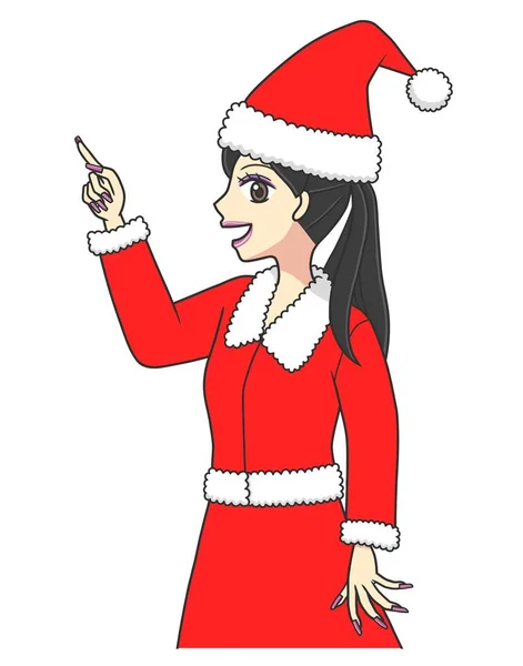 Young Woman Santa Costume Pointing Upward — Stock Photo, Image