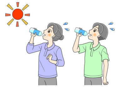 elderly couple drinking bottled water to prevent heat exhaustion