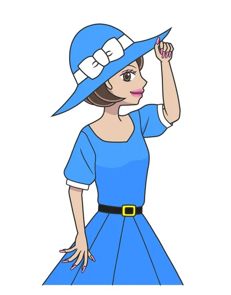 Una Giovane Donna Abiti Blu Posa Con Cappello — Foto Stock