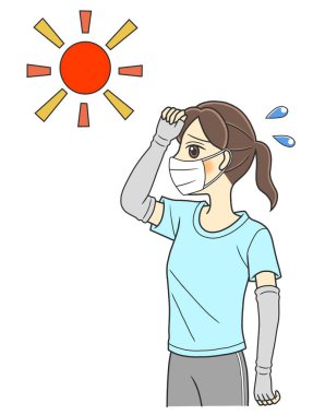 Yaz sıcağından muzdarip yüz maskeli genç bir kadın.