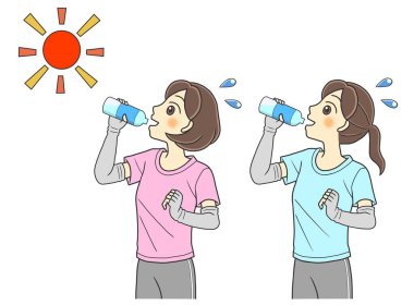 Isı yorgunluğunu önlemek için şişe su içen iki genç kadın.