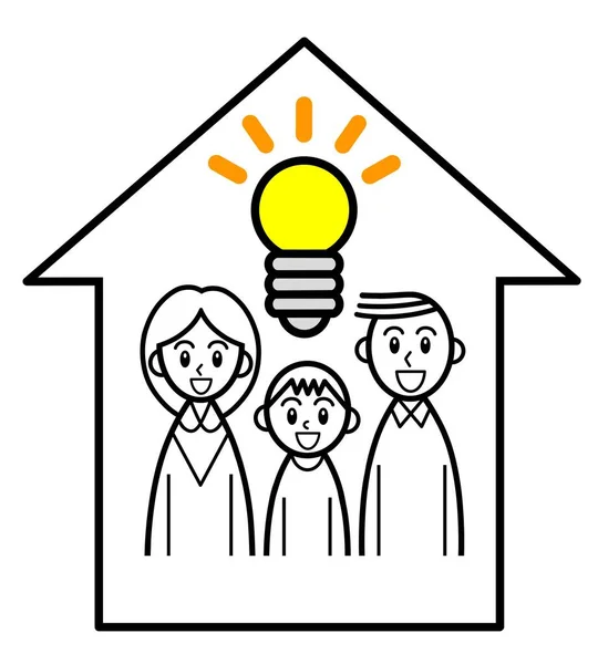 家の中に輝く電球を持つ3つの家族 — ストック写真