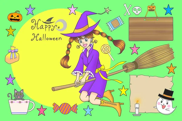 Eine Süße Hexe Fliegt Mit Anderen Auf Einem Besenstiel Halloween — Stockfoto