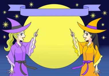 Gece karanlığında cadı kostümlü iki genç kadın.