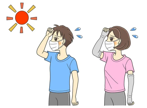 Young Couple Face Masks Suffering Summer Heat —  Fotos de Stock