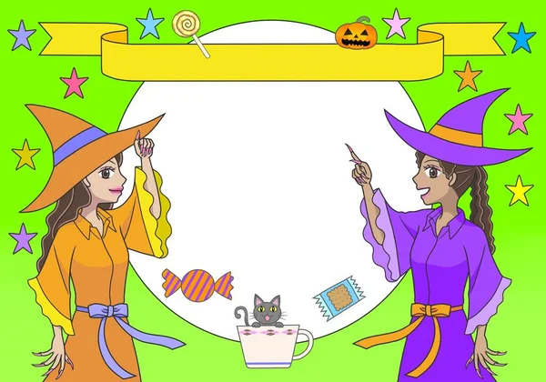 Two Young Women Witch Costumes Halloween Background — стоковое фото