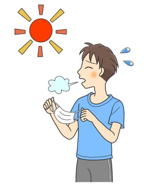 Genç bir adam maskesini çıkarıyor ve iç çekiyor.