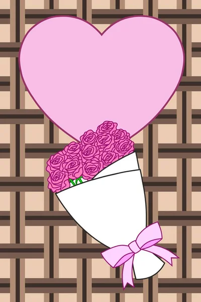 Pembe bir kalp ve kahverengi arka planda bir düzine pembe gül.