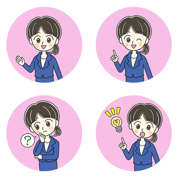 Four Poses Young Woman Blue Suit Pink Circles —  Fotos de Stock