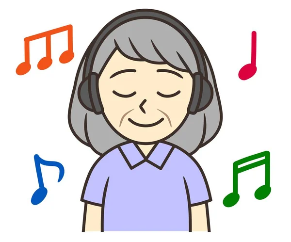 Kulaklıkla müzik dinleyen yaşlı bir kadın.