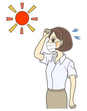 A young woman with a face mask suffering from summer heat. She is wearing a face mask to prevent infectious disease like COVID-19.