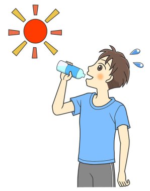 A young man drinking bottled water to prevent heat exhaustion