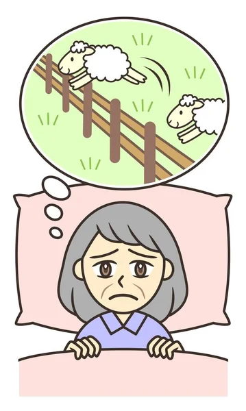 一个不眠之夜的女人想象着绵羊跳过栅栏 — 图库照片