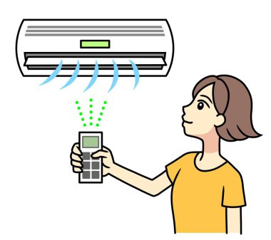 young woman turning on air conditioning with remote control
