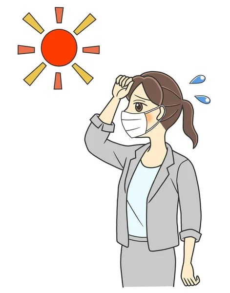 A young woman with a face mask suffering from summer heat. She is wearing a mask to prevent infectious disease like COVID-19.