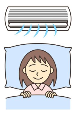 A young woman sleeping with an air conditioner on