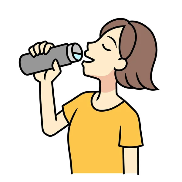 young woman drinking water in insulated drink container