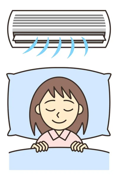 A young woman sleeping with an air conditioner on