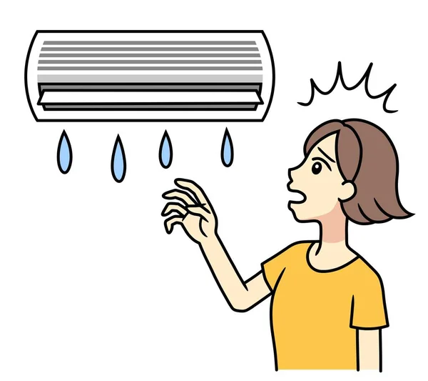 A young woman surprised that water is leaking from air conditioning