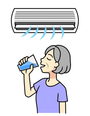 senior woman drinking water with air conditioner on