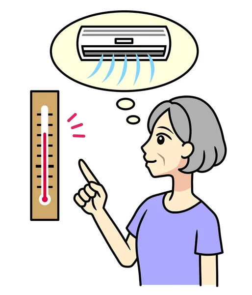 Senior Woman Checking Temperature Imagining Air Conditioning — Stok fotoğraf
